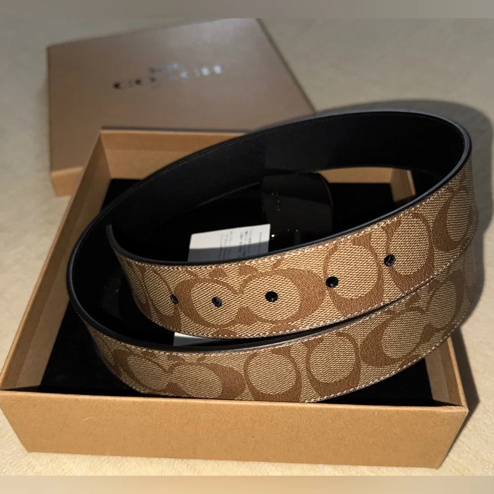 COACH Signature Canvas Belt in Tan and Black